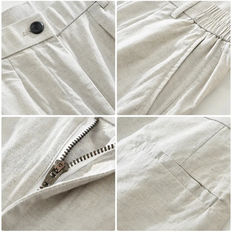 Men's loose-fit straight-leg trousers in a cotton linen blend, shown in a raw jute colour.