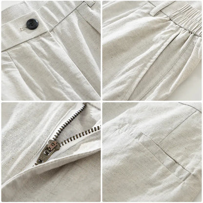 Men's loose-fit straight-leg trousers in a cotton linen blend, shown in a raw jute colour.