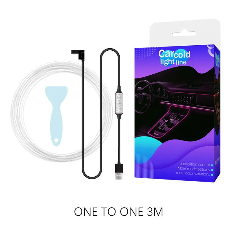 USB-powered RGB LED light strip for car interior with manual controller and five length options.