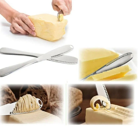 Stainless steel butter spreader knife with dual holes for curling cold and hard butter, 20.5cm length