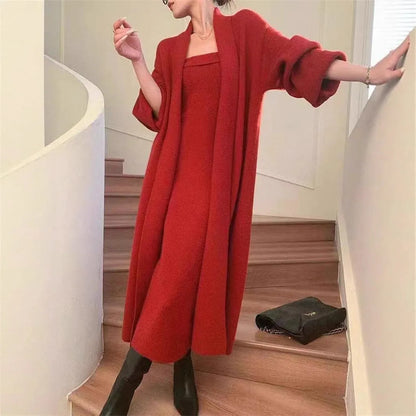 Women's knitted cardigan dress and coat suit in free size with flocked texture, available in multiple colours