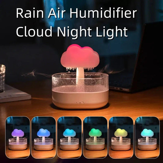 Cloud-shaped humidifier with color-changing LED lights, designed for improved air moisture and aromatherapy enjoyment