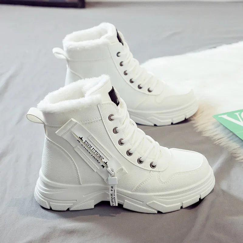 Women's plus size fleece-lined snow boots in tall crown design with mid heel and lace-up front