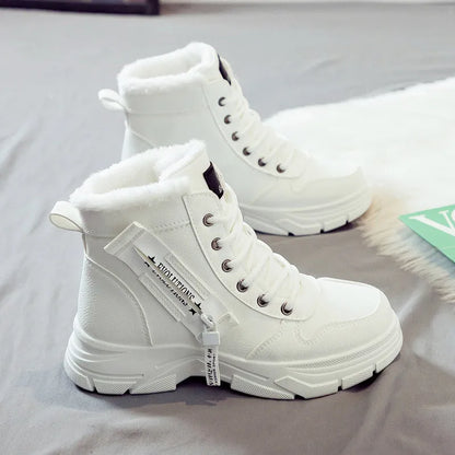 Women's plus size fleece-lined snow boots in tall crown design with mid heel and lace-up front