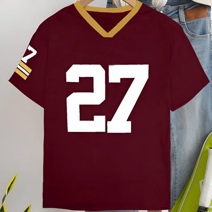 Red loose fit cotton t-shirt with white printed letters and short sleeves.