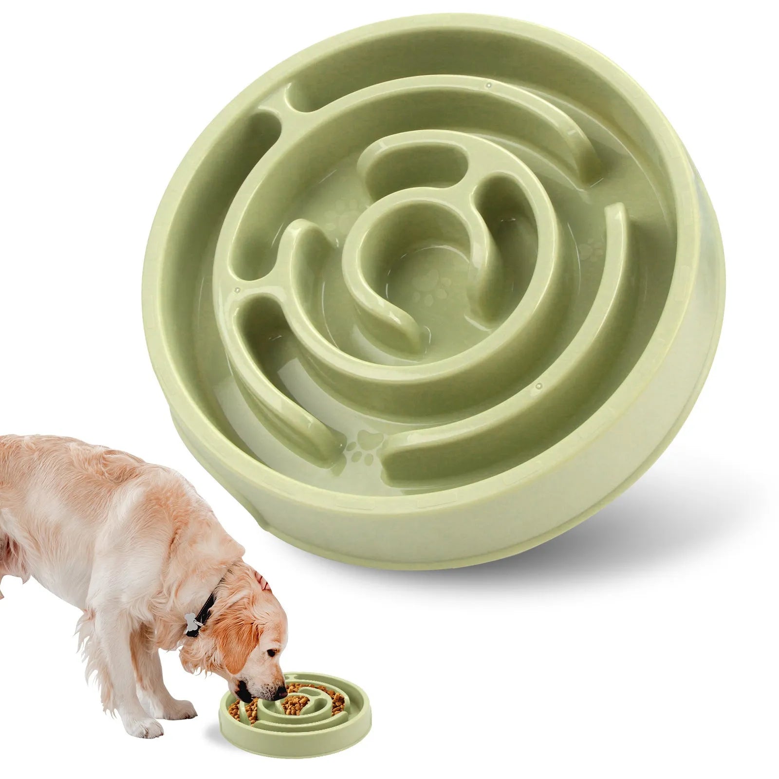 Blue silicone slow feeder dog bowl with raised labyrinth puzzle pattern for dogs.