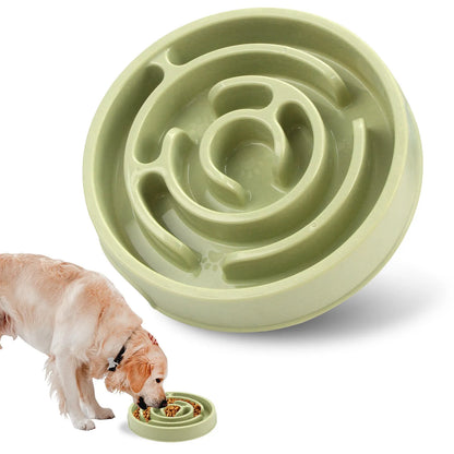 Blue silicone slow feeder dog bowl with raised labyrinth puzzle pattern for dogs.