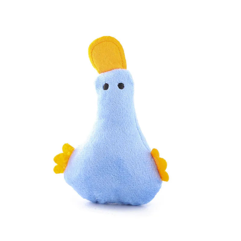 Duck-shaped plush pet toy with catnip filling and squeak mechanism for dog and cat play