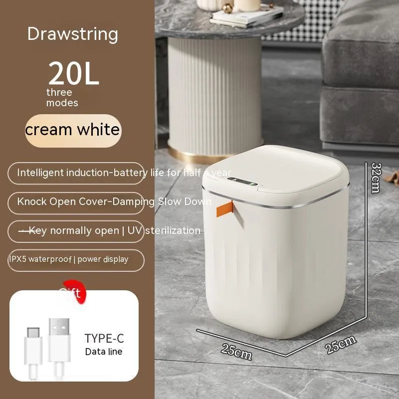 White smart induction trash can with automatic opening lid for kitchen or bathroom use
