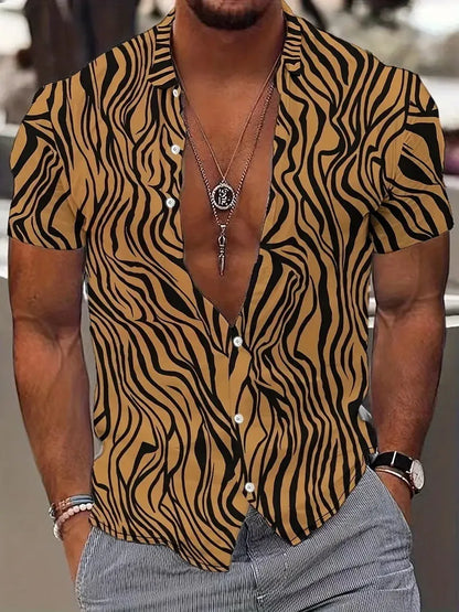 Men's geometric line printed short sleeve shirt with lapel collar in slim fit styling