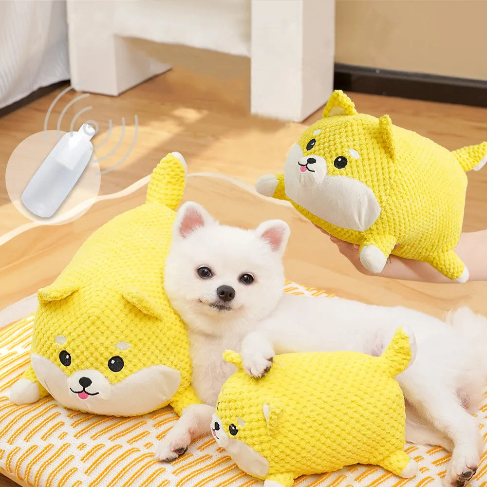 Bite-resistant plush dog toy in pillow shape with squeaker for calming and teething support