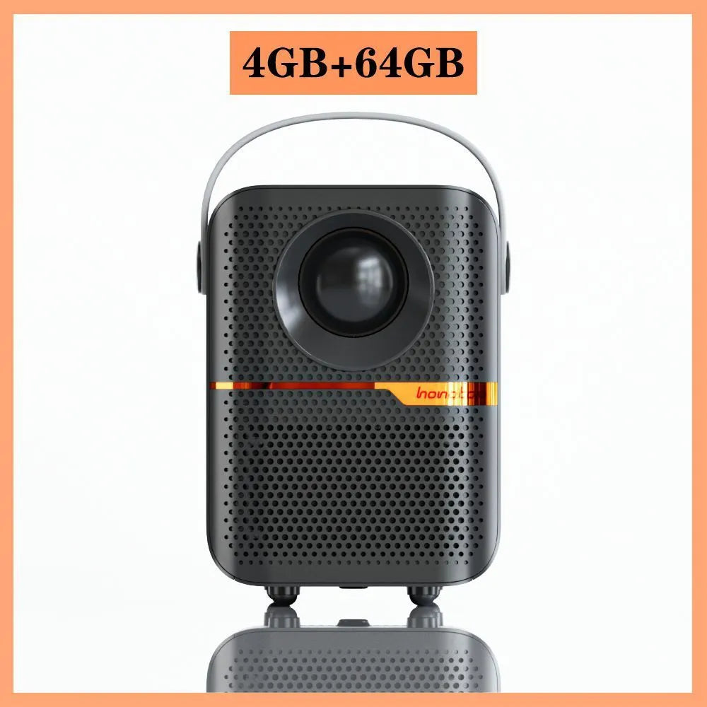 Black P10 2023 mini portable LCD projector with Android OS on a wooden table.