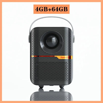 Black P10 2023 mini portable LCD projector with Android OS on a wooden table.