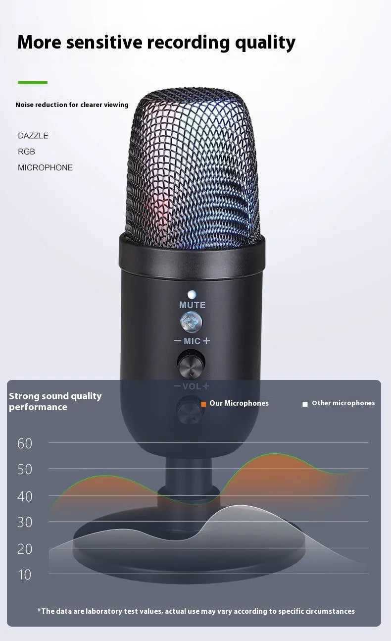 Black USB microphone with RGB lighting for computers and mobile phones.