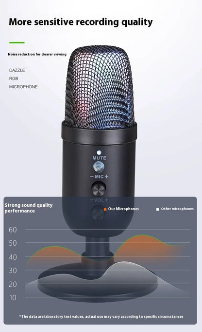 Black USB microphone with RGB lighting for computers and mobile phones.