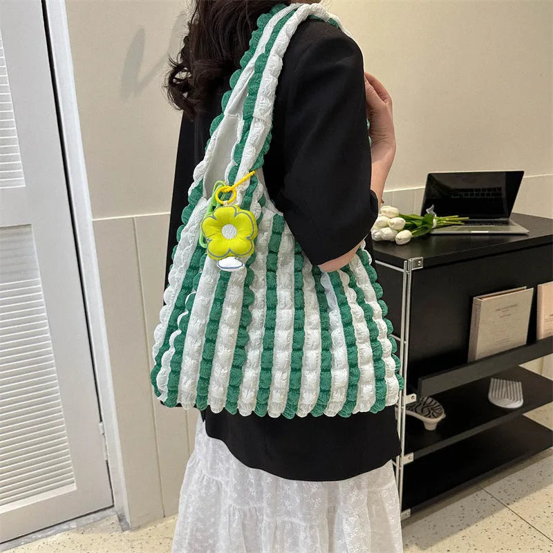 Pleated bubble shoulder bag in square vertical design with pendant accessory in various colour options