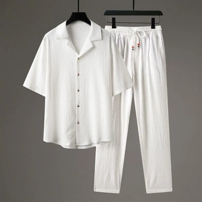 Men's Chinese style casual two-piece sportswear set with short sleeve top and trousers