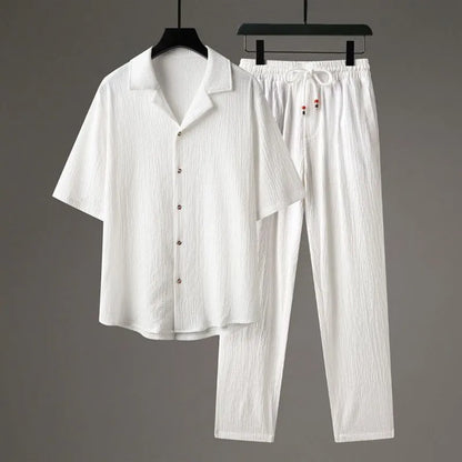 Men's Chinese style casual two-piece sportswear set with short sleeve top and trousers