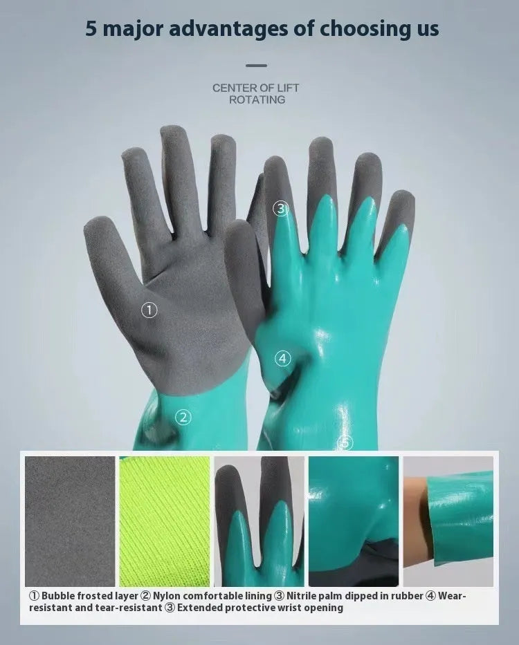 Navy blue women's lengthened nitrile gloves for waterproof fishing and marine work.