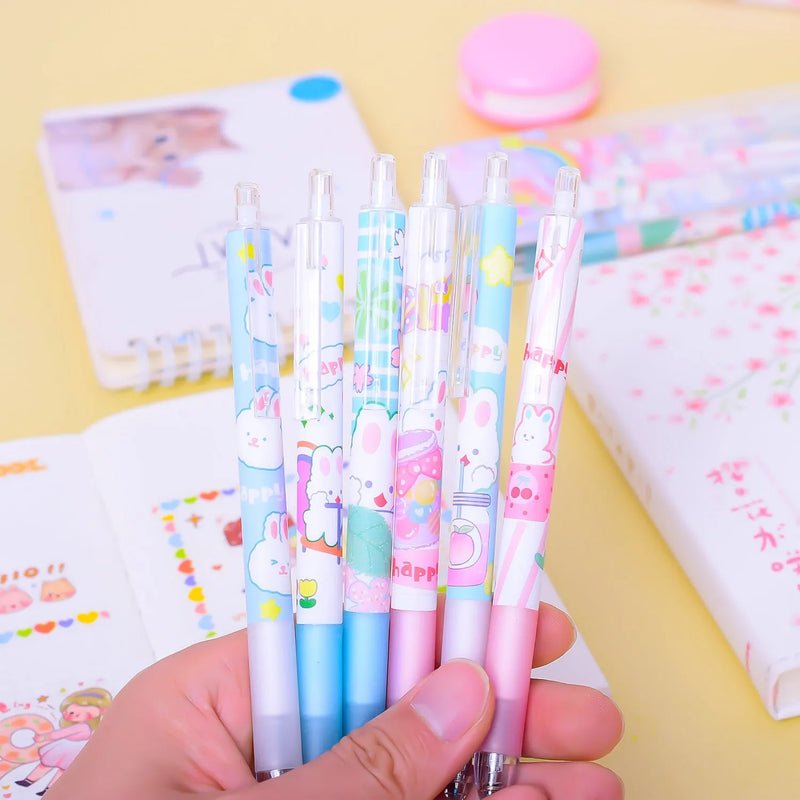 Signature pens with neutral black ink for student stationery, featuring cartoon bunny designs on the plastic shell with 0.5mm ballpoint pen heads, sold in a box of six pieces for school writing tasks