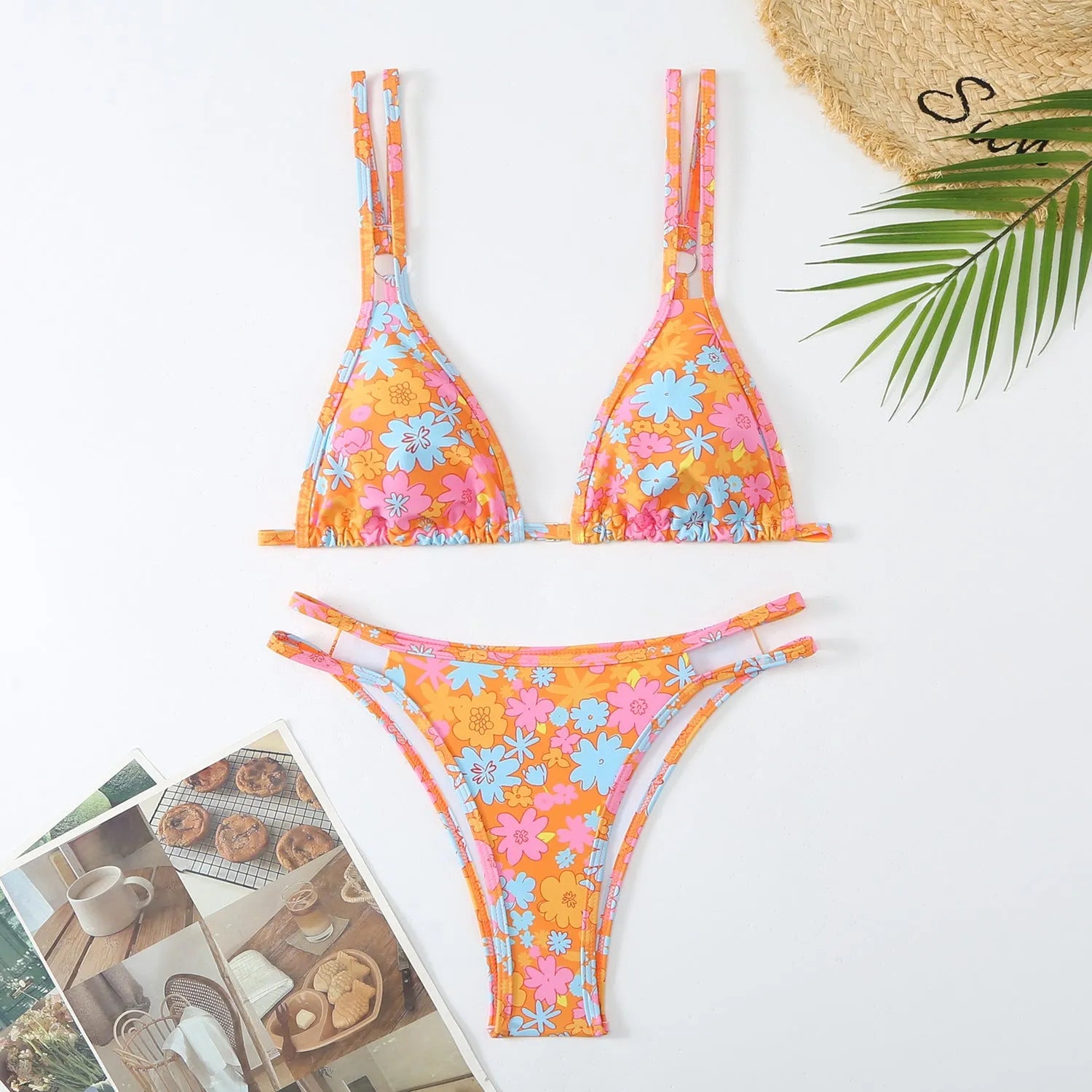 Women's floral printed halter swim briefs set in polyester fabric with multiple colour options
