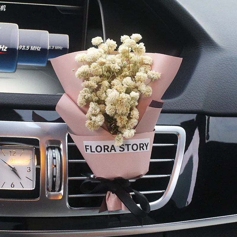 Dried flower car air freshener set with colourful bouquet and fragrance strips for air conditioning vents