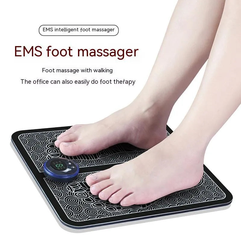 Portable EMS foot massager pad showing remote control and foldable 32.5x29.5cm design
