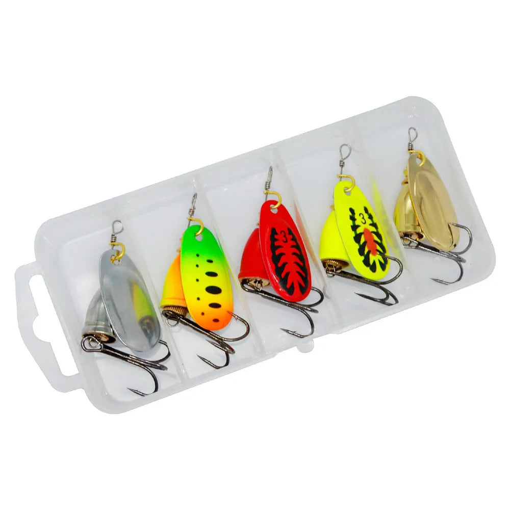 R composite rotating sequins copper bell fishing lure in seven colours showing 3# size and metal construction