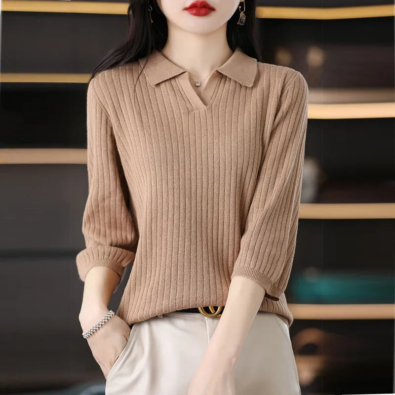 Women's loose slimming inner sweater with stripe pattern, long sleeves and pullover style, sizes S-2XL