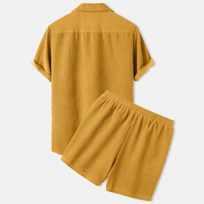 Corduroy short sleeve suit two-piece in yellow, green, and light blue