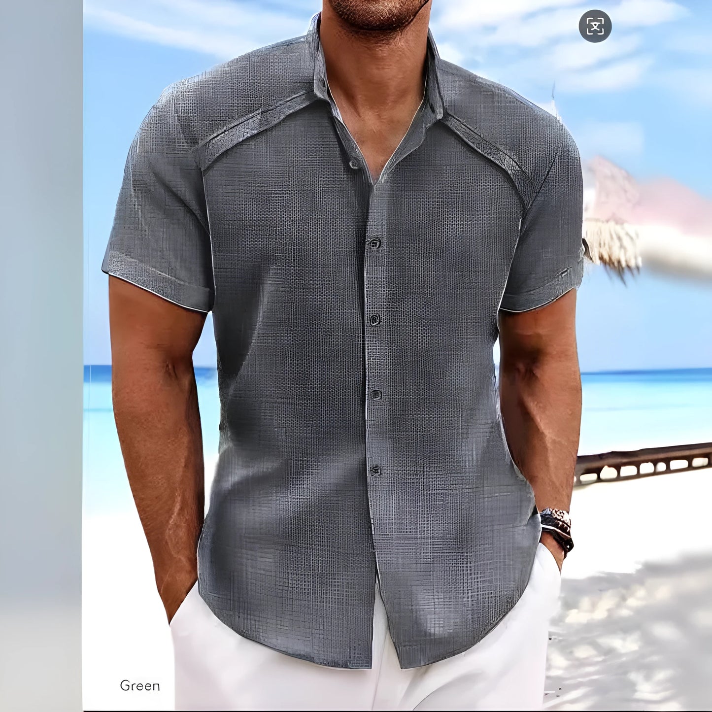 Hawaiian casual short sleeve shirt in solid colour cotton-polyester blend fabric