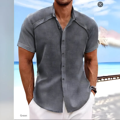 Hawaiian casual short sleeve shirt in solid colour cotton-polyester blend fabric