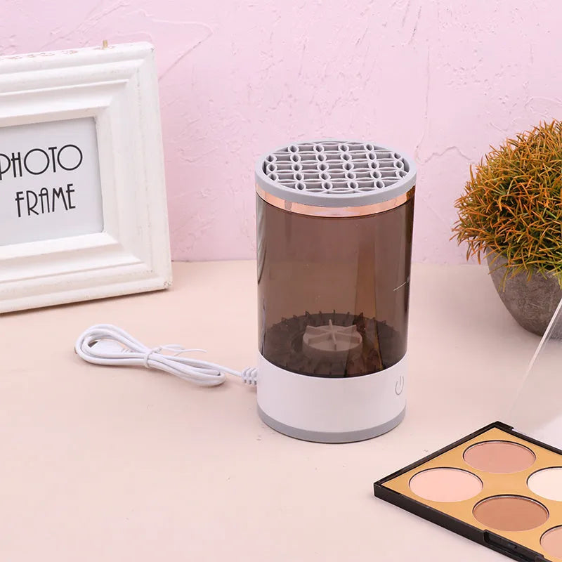 Grey and white portable electric makeup brush cleaner machine with USB charging cable