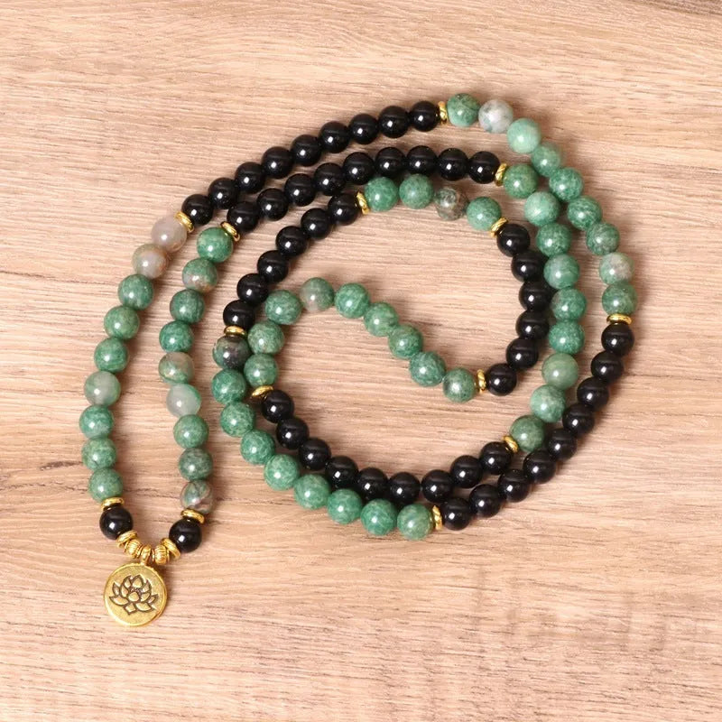 Green and black elastic beaded long bracelet made from alloy with natural style design