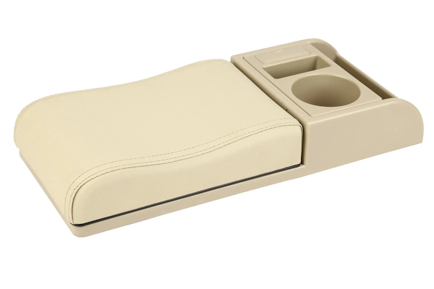 Universal plastic car armrest cover showing height increase with PU leather and carbon fibre surface options
