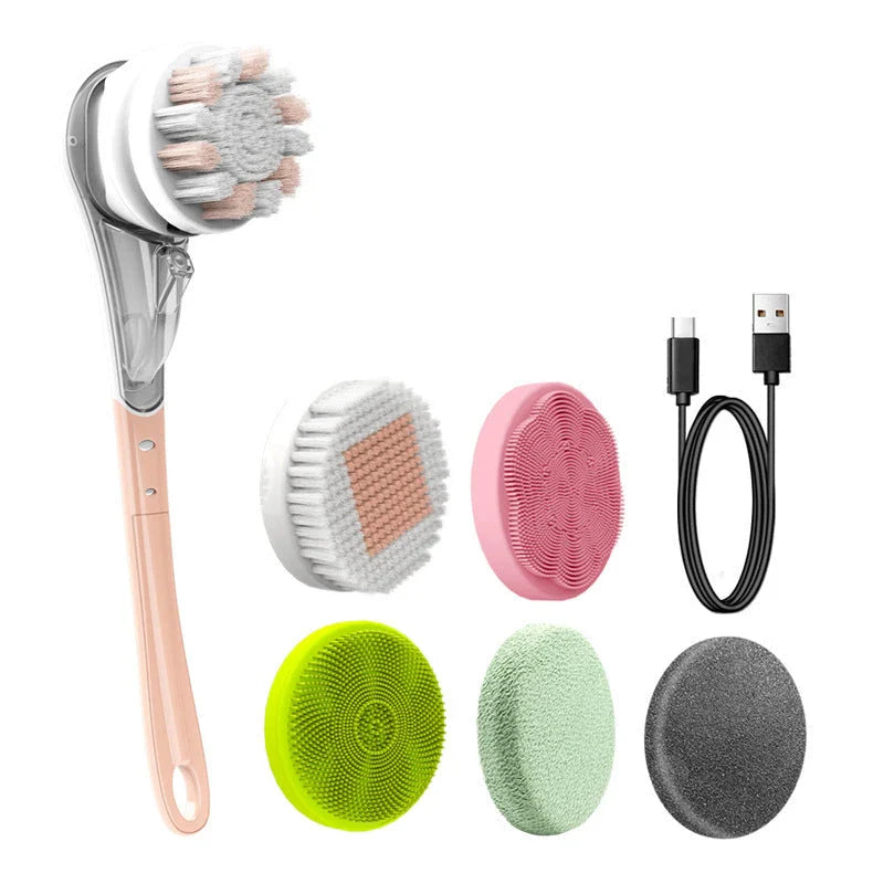 6-in-1 Electric Bath Brush with Silicone Heads, 3 Cleaning Modes, and Long Handle for Full-Body Cleansing and Massage