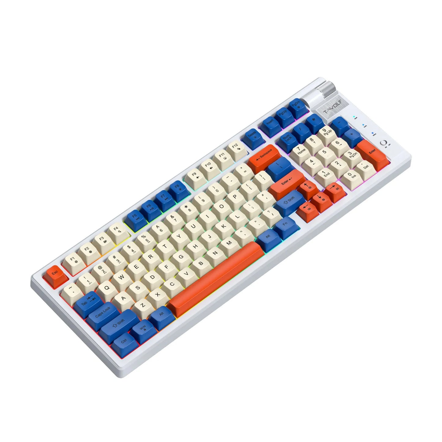 Bluetooth mechanical keyboard with USB charging cable in blue orange or black and red colours