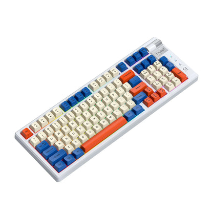 Bluetooth mechanical keyboard with USB charging cable in blue orange or black and red colours