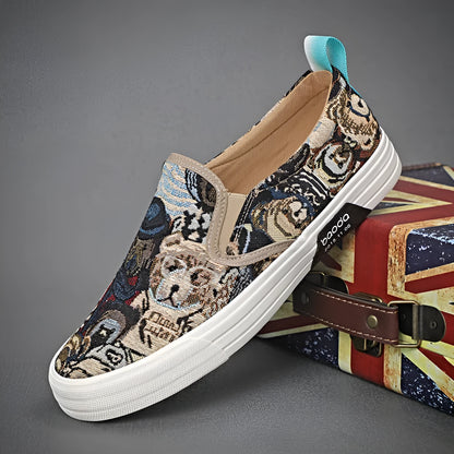 Low-top canvas slip-on sneakers with a vulcanised rubber sole in khaki colour on a neutral background.