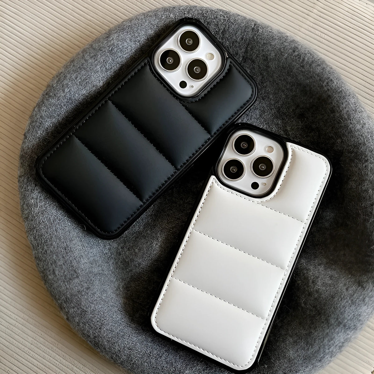 Candy down jacket texture phone case for iPhone in black, white, rose red, or green colours