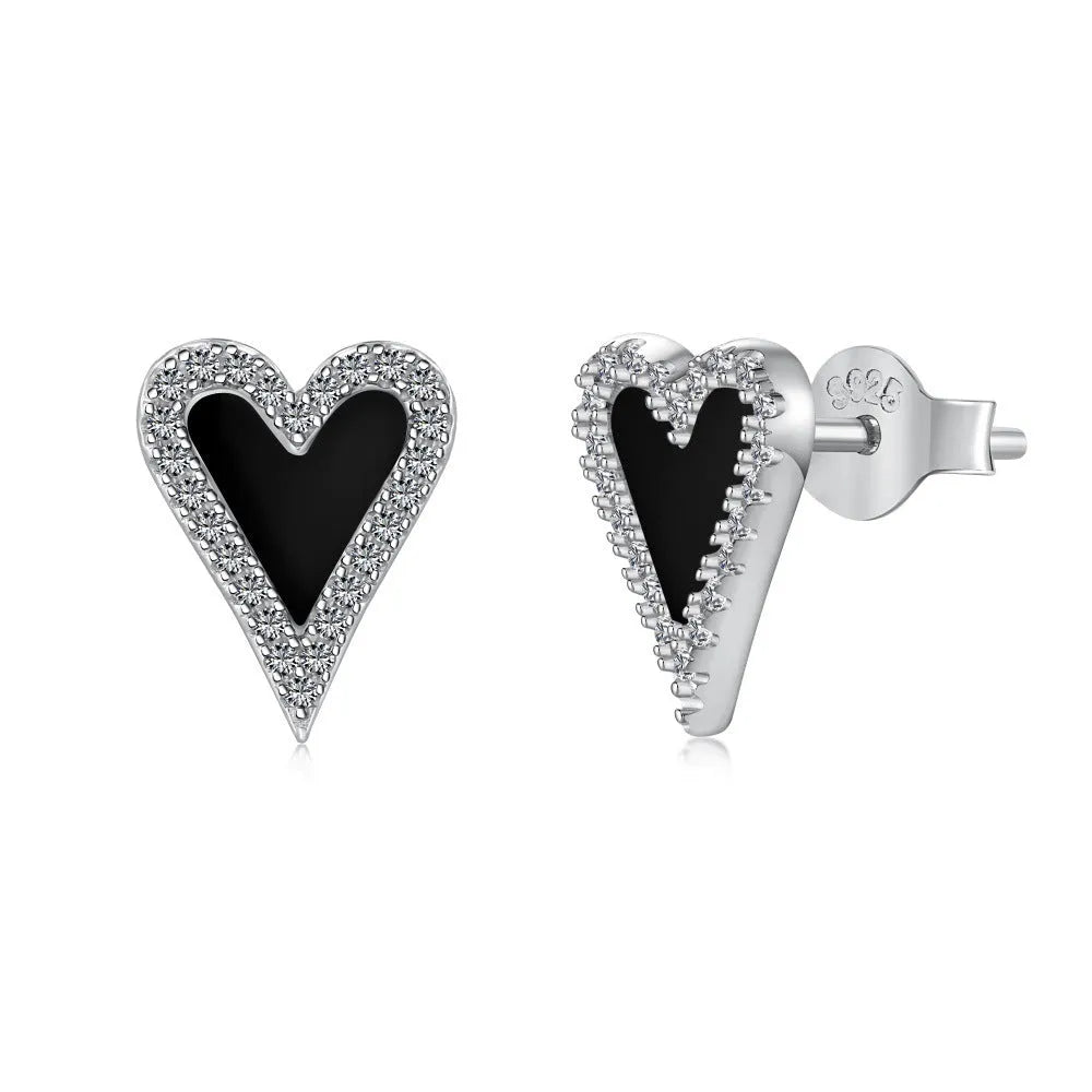 S925 silver heart-shaped stud earrings with black agate and white stone in a cold wind style, one pair