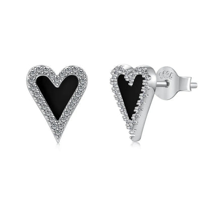 S925 silver heart-shaped stud earrings with black agate and white stone in a cold wind style, one pair