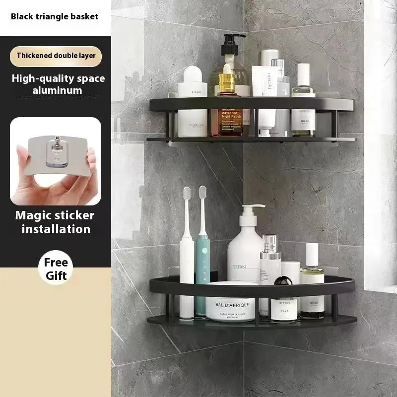 Black punch-free bathroom storage rack with double triangle design and multiple organisation layers
