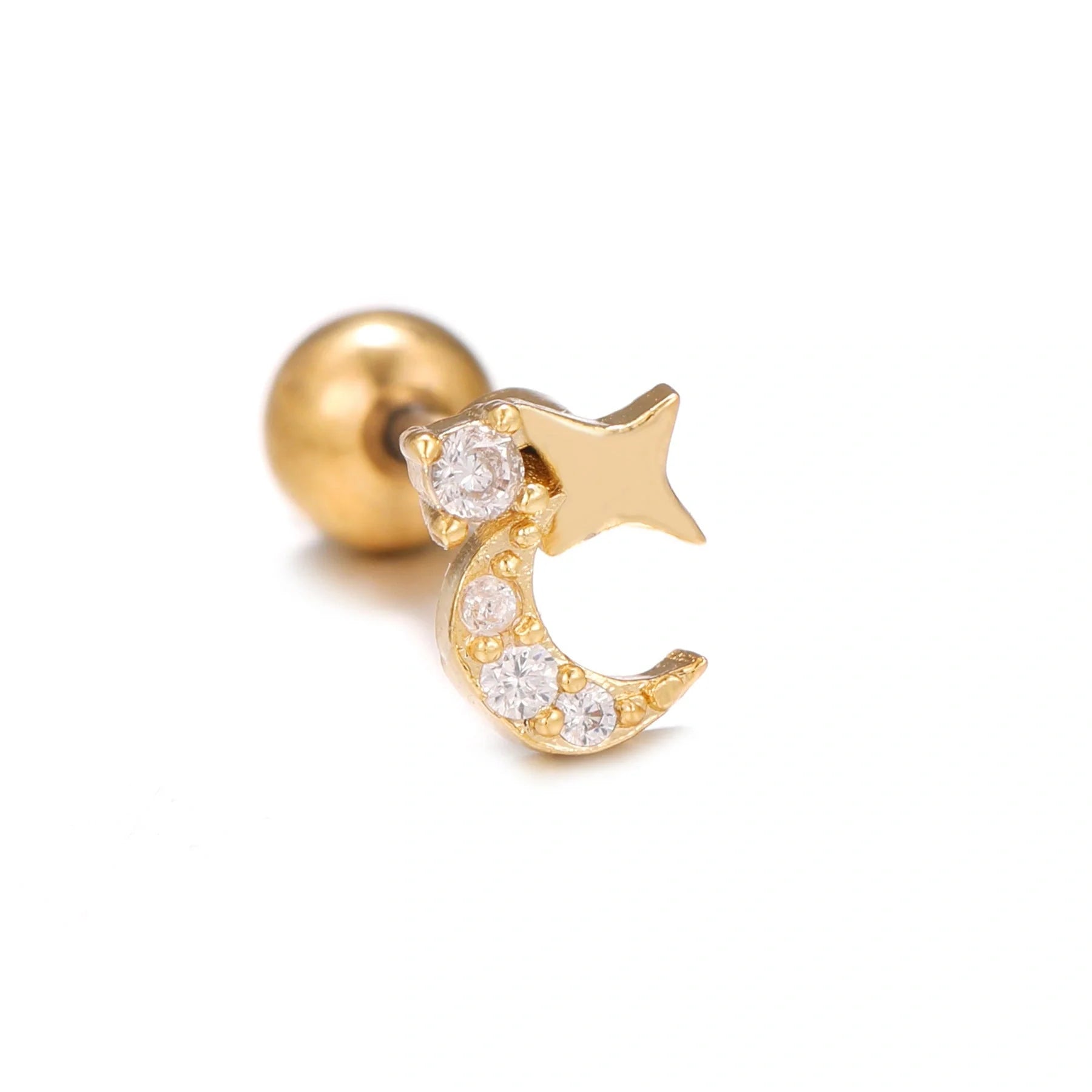 Stylish Star Moon Cubic Zirconia Cartilage Earring in gold and white