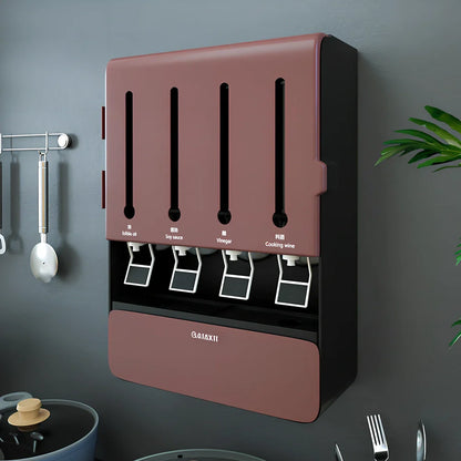 Wall-mounted grey seasoning box with four liquid and four powder compartments measuring 30x42x7cm