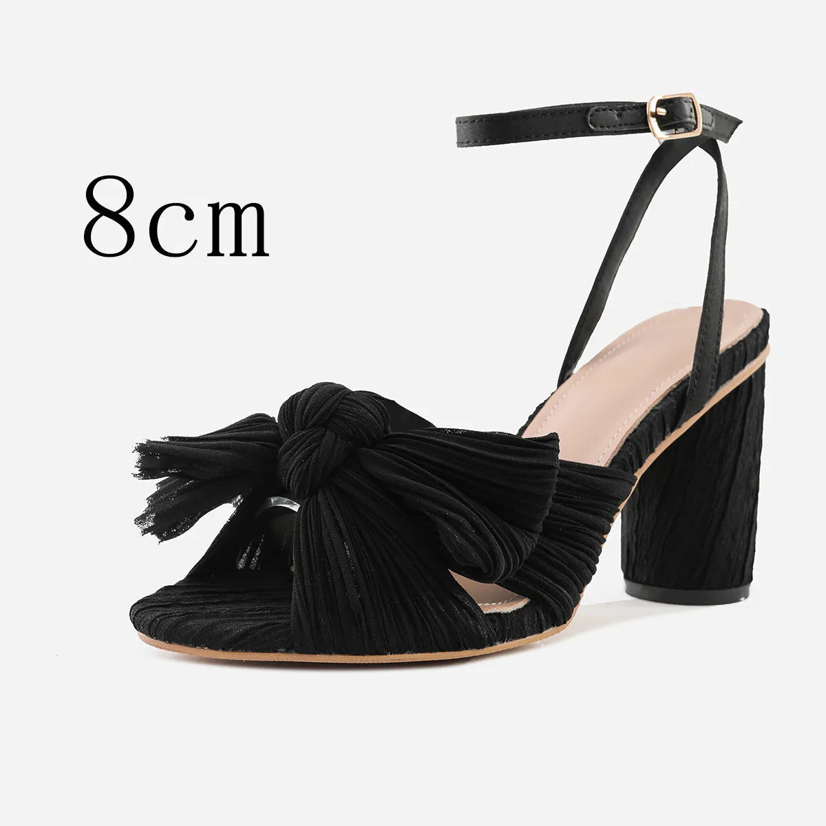 Satin bowknot fish mouth high heel sandals with thick heel and buckle fastening in black