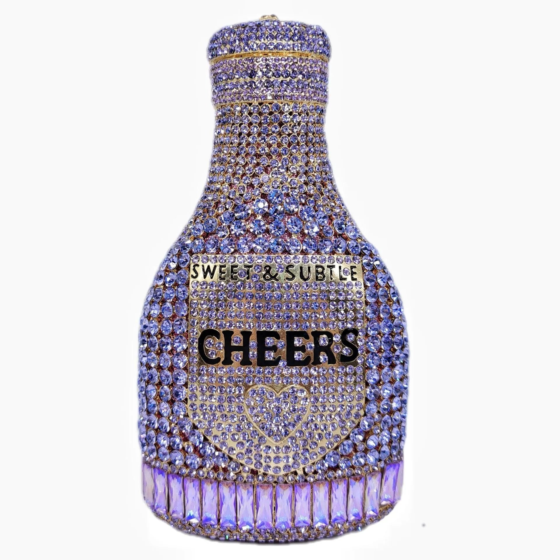 Gold hard-shell clutch bag shaped like a champagne bottle with a synthetic leather interior.