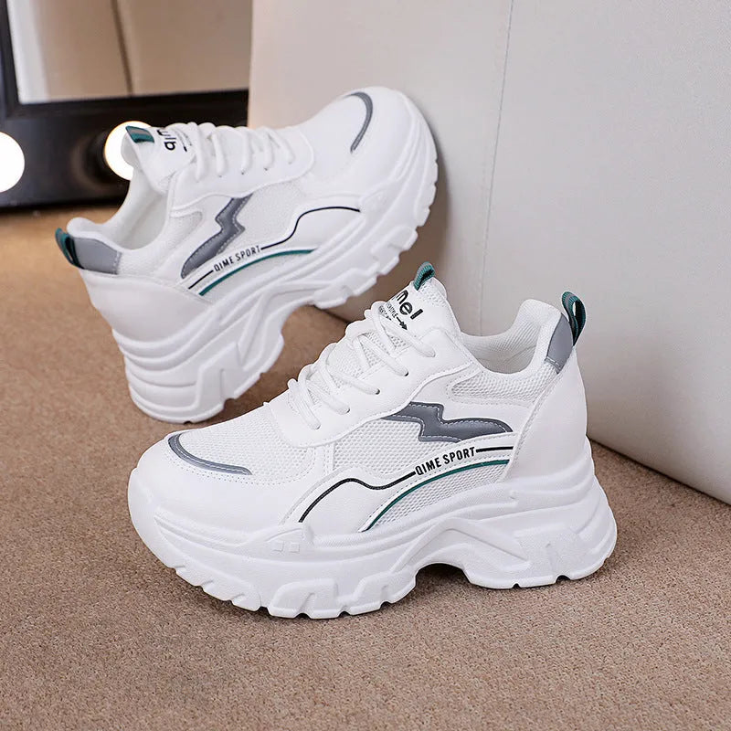 Women's white dad shoes height increasing insoles low top trainers lace-up front sports footwear with rubber soles and cross shoulder straps in beige or white
