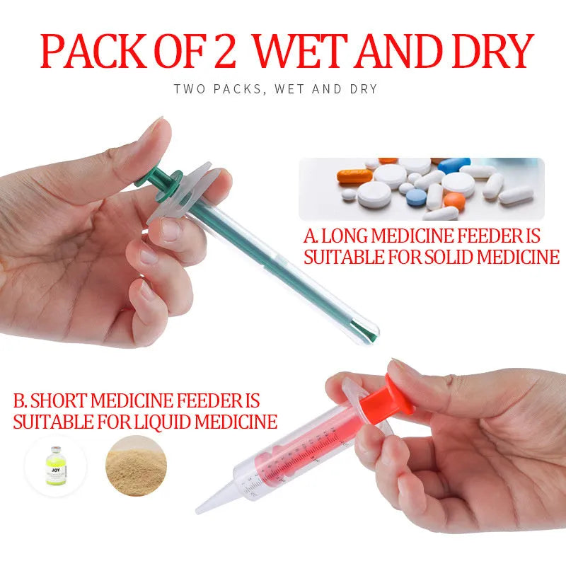 Two silicone-tipped pet pill shooter syringes for cat and dog medicine.