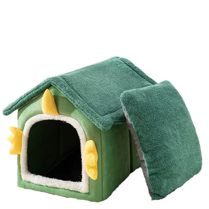Large grey enclosed cat bed with soft cushion and blanket inside, shown next to a medium and small size.
